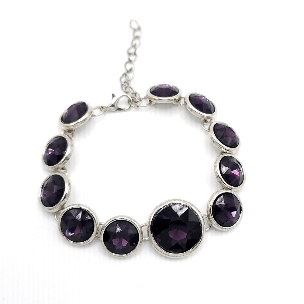 Silver Tone Bracelet with Purple Crystals – 7″ Adjustable Beaded Lobster Clasp